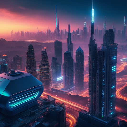 A futuristic cityscape at dusk, with sleek skyscrapers and neon-lit factories in the background, featuring a large, gleaming robotic arm in the foreground, surrounded by holographic blueprints and microchips.