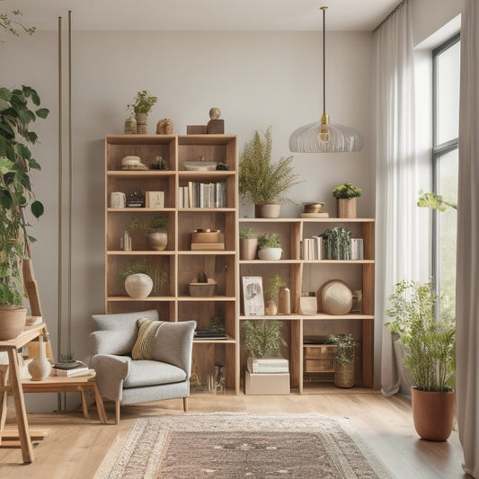 A minimalist room with a large, floor-to-ceiling DIY shelving unit featuring five wooden planks in a natural finish, showcasing organized storage of books, decorative vases, and plants.