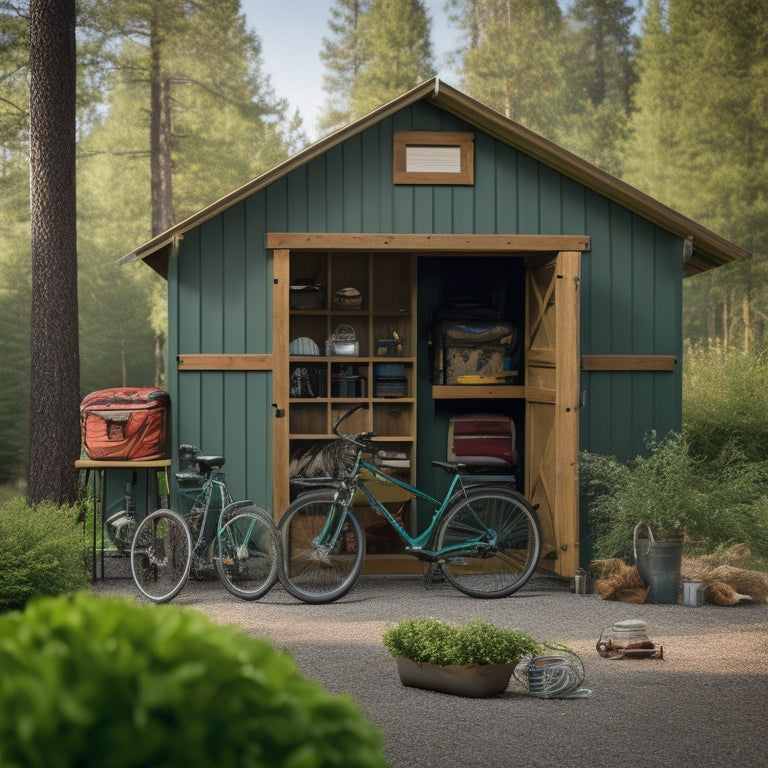 A serene outdoor scene with a tidy storage shed, its doors open to reveal organized rows of camping gear, bicycles, and outdoor equipment, surrounded by lush greenery and a few scattered pinecones.