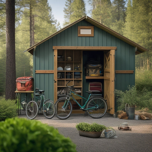 A serene outdoor scene with a tidy storage shed, its doors open to reveal organized rows of camping gear, bicycles, and outdoor equipment, surrounded by lush greenery and a few scattered pinecones.