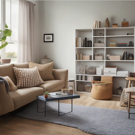 A tidy living room with a minimalist decor, featuring a person holding a tablet with an organized digital calendar, surrounded by labeled storage bins and a neat bookshelf in the background.