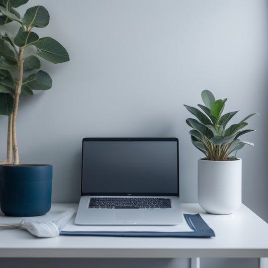 A minimalistic desktop with a sleek laptop, a few neatly arranged papers, and a small potted plant, surrounded by a subtle background of calming blues and whites, conveying serenity and organization.