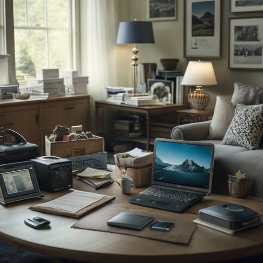 A cluttered living room with papers, cords, and devices scattered everywhere, contrasted with a clean and organized digital tablet or smartphone screen displaying a tidy virtual file cabinet and calendar in the foreground.