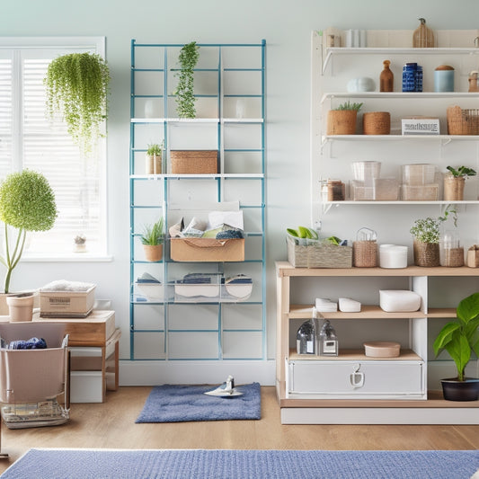 A bright, airy room with a few storage bins, a pegboard with hooks, and a simple shelving unit, surrounded by a few organized clutter-free areas, with a calming greenery background.