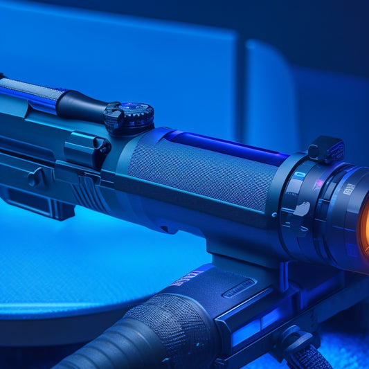 A close-up of a sleek, matte-black rifle scope mounted on a tactical rifle, surrounded by scattered 5-star reviews and awards badges, on a dark, gradient background with neon blue accents.