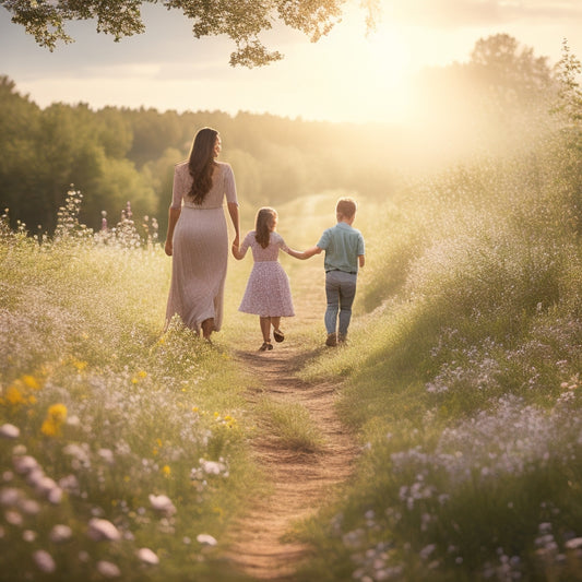 A serene landscape featuring a gentle, glowing light emanating from a subtle, wispy cloud, illuminating a family of four walking hand-in-hand on a winding path amidst lush greenery and vibrant wildflowers.