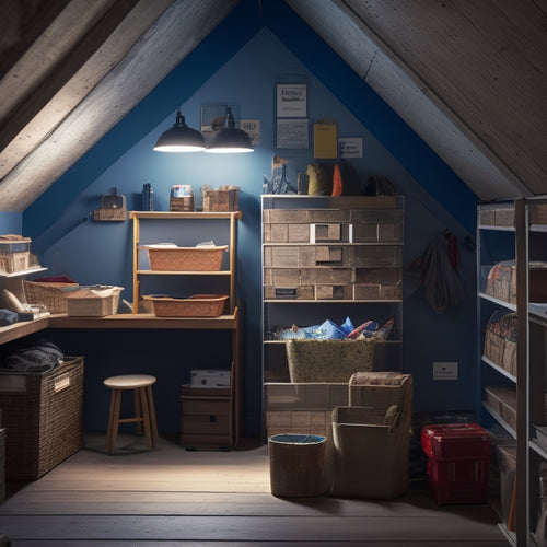 A dimly lit attic space transforms into a bright, organized storage area, with labeled bins, folded items on shelves, and a ladder leaned against a wall with a few remaining empty boxes.