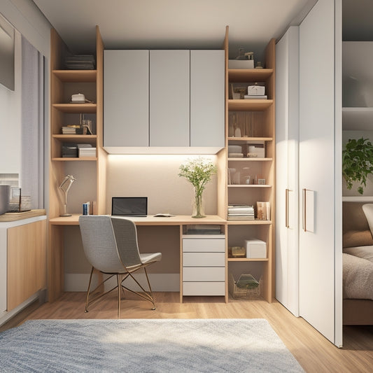 A tidy, minimalist studio apartment with a Murphy bed, a compact desk, and floor-to-ceiling shelves with baskets and bins, maximizing vertical storage space.