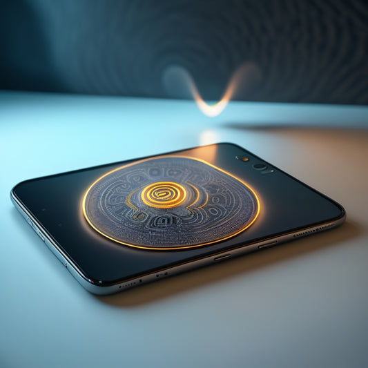 A futuristic, minimalist illustration of a smartphone with a Tapo device in the background, surrounded by swirling circular patterns of 1s and 0s, with a video playback interface on the phone's screen.