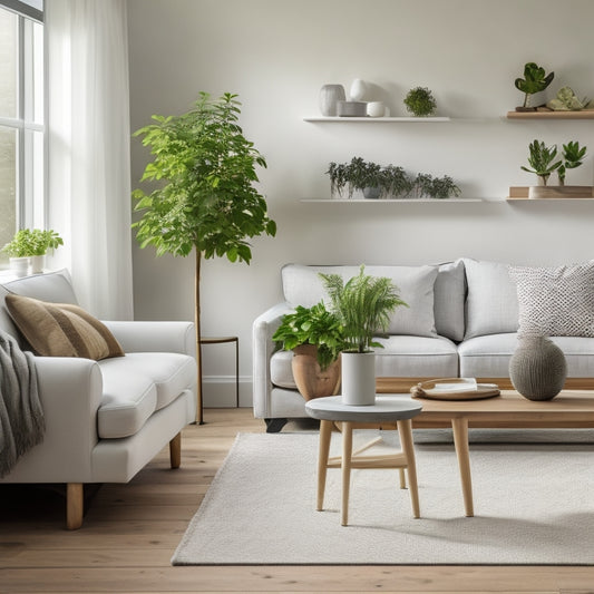 A serene, white-walled living room with a sleek, low-profile storage ottoman, a minimalist wooden coffee table, and a few, carefully-placed, potted plants on a wall-mounted shelf.
