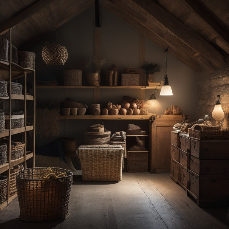 A dimly lit, cramped attic space with slanted roof, transformed into an organized storage area with stacked wooden crates, woven baskets, and vertical shelves, illuminated by a single, dangling pendant light.