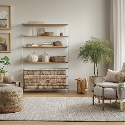 A clutter-free living room with a sleek, wall-mounted shelf system, woven baskets, and a hidden storage ottoman, surrounded by minimalist decor and plenty of natural light.