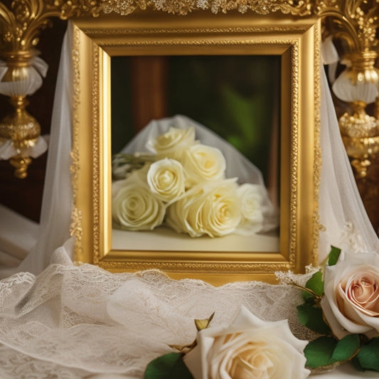 A delicate, lace-trimmed wedding veil draped over a ornate, golden picture frame, surrounded by scattered rose petals and a few strategically placed, artfully wrapped gifts.