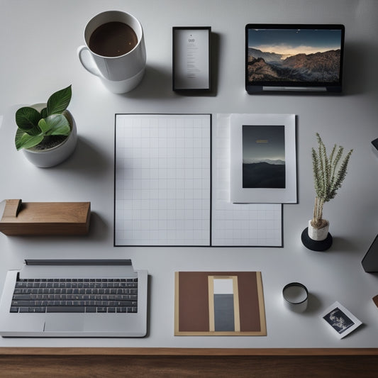 A minimalist desk setup with a laptop, a printer, and a few sheets of paper in varied sizes, including A4, Letter, and a custom size, with a subtle grid pattern in the background.