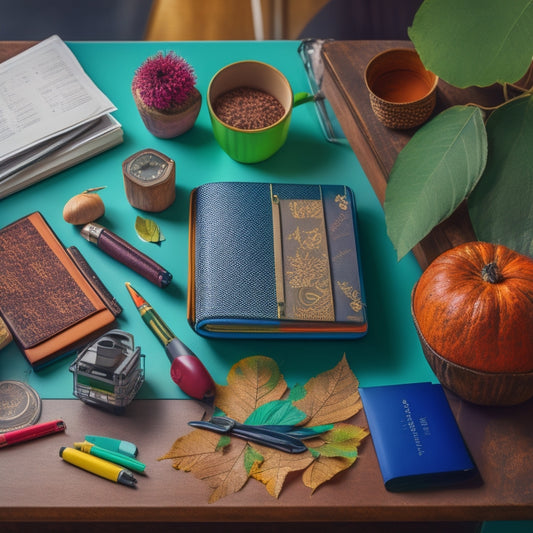 A colorful and clutter-free desk with a stack of neatly labeled binders, a pencil case filled with sharp utensils, and a calendar with important dates marked, surrounded by a few fallen leaves.