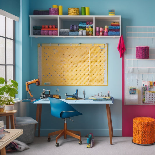 A sleek, modern sewing room with a large, wall-mounted pegboard adorned with colorful threads, scissors, and pins, surrounded by neatly organized fabric stacks and a tidy worktable with a sewing machine.