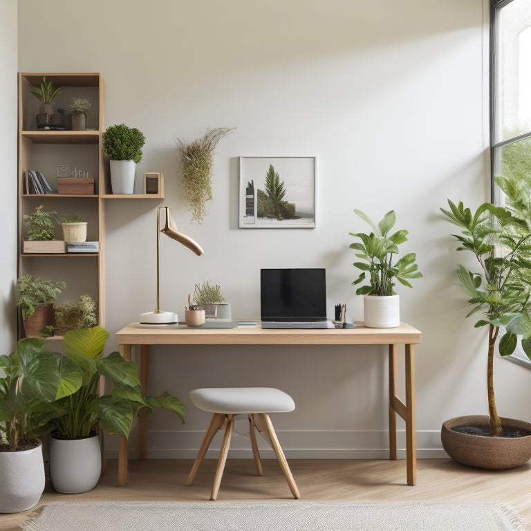 A serene, minimalist home office with a tidy desk, a few neatly labeled storage bins, and a laptop open to a online course website, surrounded by calm, natural elements like a small potted plant and a wooden wall shelf.