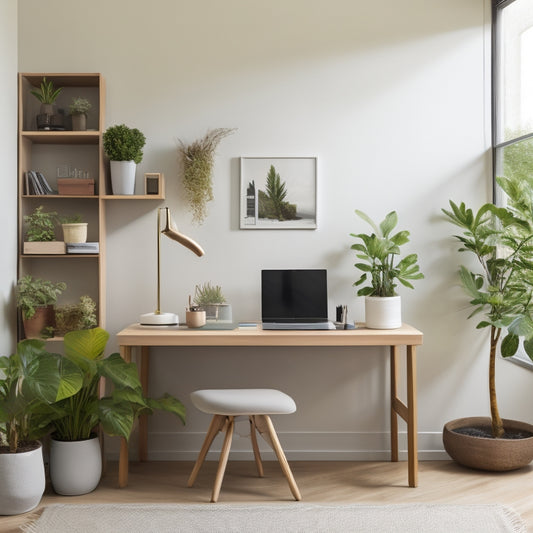A serene, minimalist home office with a tidy desk, a few neatly labeled storage bins, and a laptop open to a online course website, surrounded by calm, natural elements like a small potted plant and a wooden wall shelf.