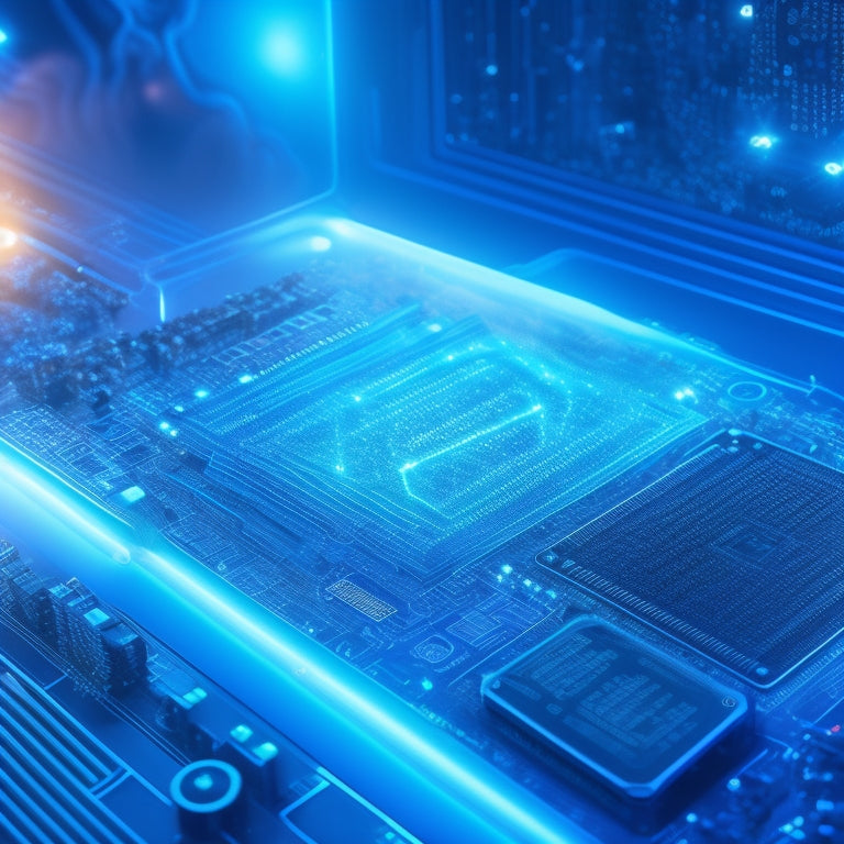 A futuristic, high-tech illustration of a glowing blue circuit board with intricate wiring, surrounded by swirling clouds of 1s and 0s, and a subtle grid of tiny hard drives in the background.