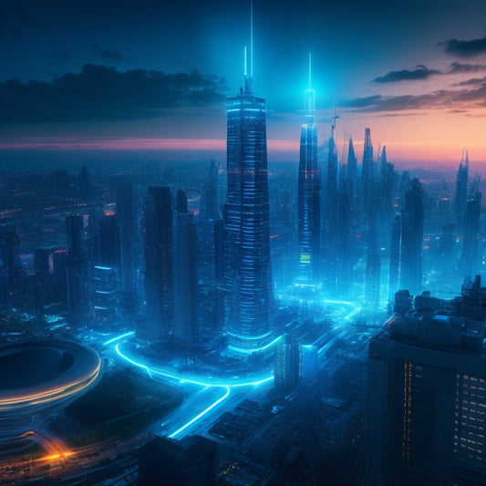A futuristic cityscape at dusk, with sleek skyscrapers and neon lights, featuring a large, glowing blue battery tower in the center, surrounded by orbiting electrons and circuits.