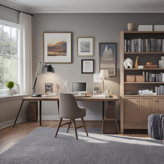 A serene, well-lit home office with a minimalist desk, a comfortable ergonomic chair, and a few thoughtfully arranged storage units, showcasing a senior-friendly organized workspace.