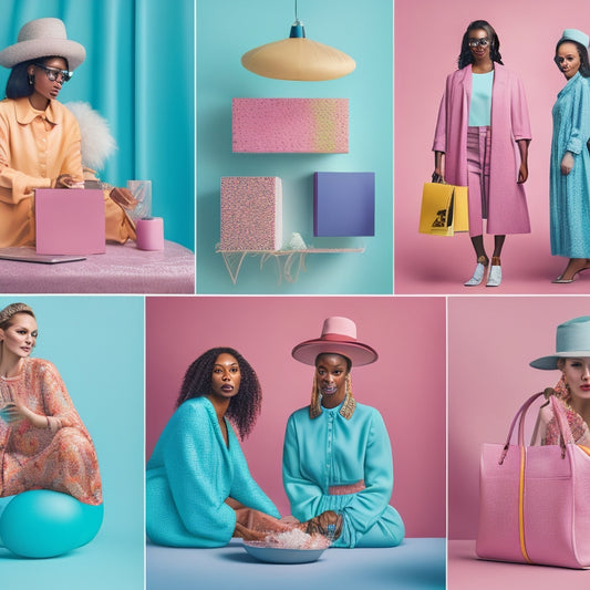 A vibrant, pastel-hued illustration of a sprawling online shopping portal, featuring diverse models of various ages, sizes, and abilities posing in trendy outfits amidst floating clothing items and accessories.