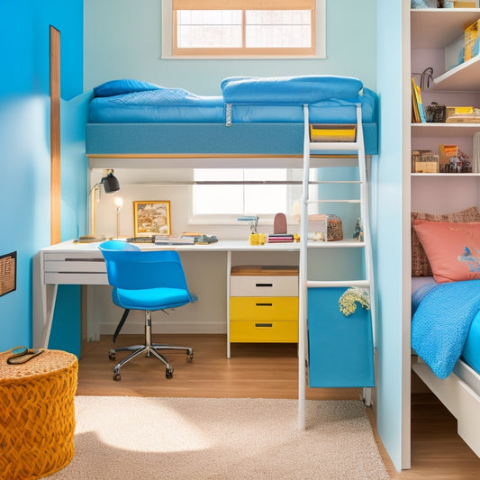 A clutter-free dorm room with a lofted bed, storage bins under the bed, a compact desk with a laptop, and a clothes rack with hanging organizers, set against a calming blue background.