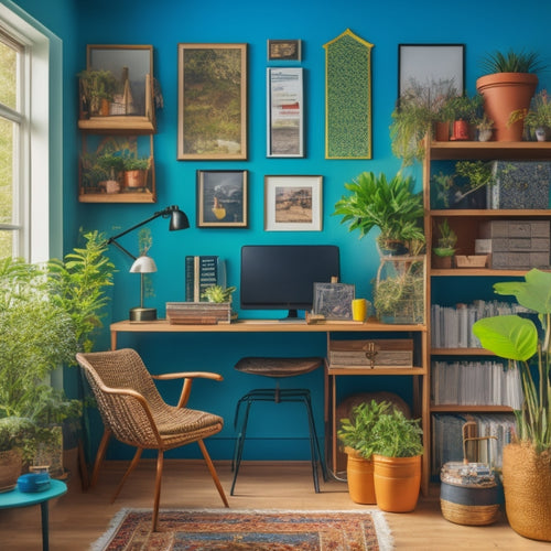 A colorful, clutter-free home office with a tidy desk, organized bookshelves, and a few framed certificates on the wall, surrounded by plants and a few neatly placed storage bins.