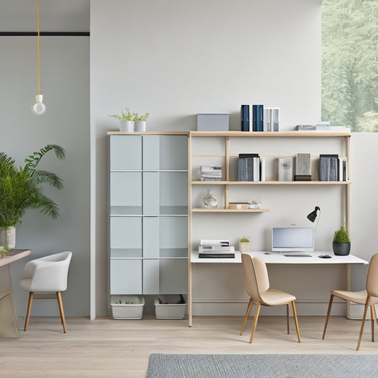 A modern, minimalist home office with a sleek, wall-mounted shelving system, a compact, rotating desk organizer, and a few, carefully-placed, color-coded storage bins, amidst a calm, natural background.