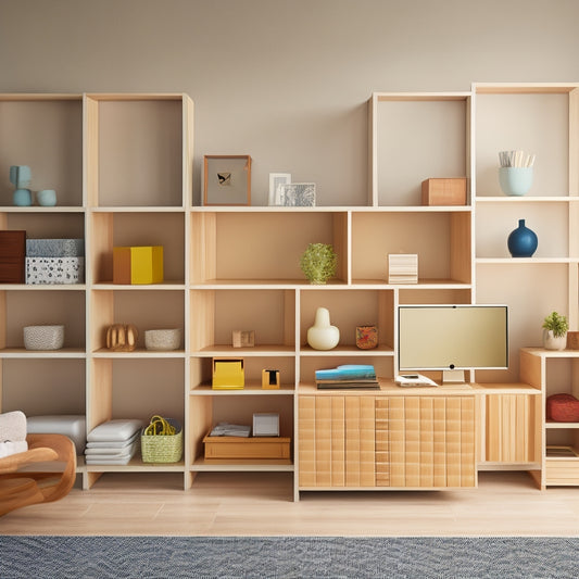 A minimalist, modern room with a Niche Cubo storage system in the center, featuring multiple, differently-sized, wooden cubes in a geometric arrangement, with a few cubes open to reveal organized office supplies and decorative items.