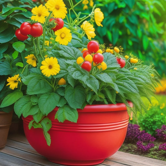 A vibrant, overflowing container garden with 3-4 ripe red tomatoes, lush green leaves, and a few yellow blossoms, set against a warm, sunny backyard or patio backdrop.