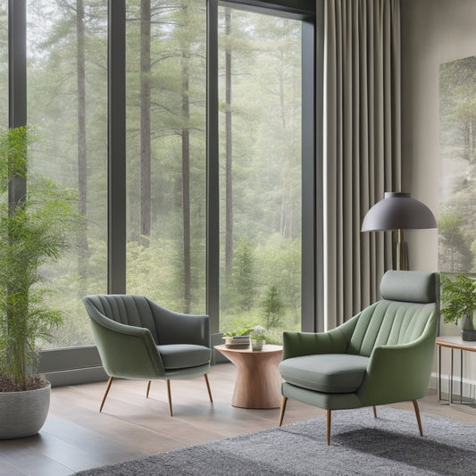 A serene, modern living room with a Vivalift URBANA 2 chair, upholstered in soft gray fabric, positioned in front of a floor-to-ceiling window with a lush green forest view.