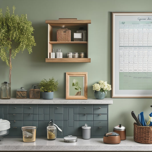 A serene, organized home interior with a calendar on the wall, a toolbox on a shelf, and a few cleaning supplies arranged neatly on a countertop, surrounded by a subtle, calming green background.