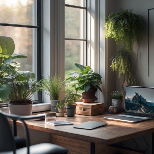 A serene home office setup with a minimalist desk, a laptop, and a few carefully placed plants, illuminated by a large window with soft, natural light pouring in.
