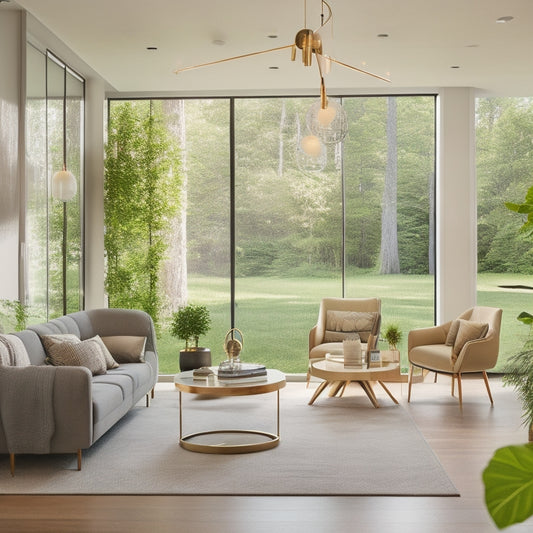 A serene, modern living room with a sleek, floor-to-ceiling closet system, sliding glass doors, and a minimalist chandelier, surrounded by lush greenery and warm, natural light.
