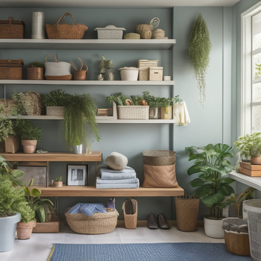 A clutter-free storage room with sleek shelves, labeled bins, and a pegboard with hooks, surrounded by a few neatly folded blankets and a single, well-placed houseplant.