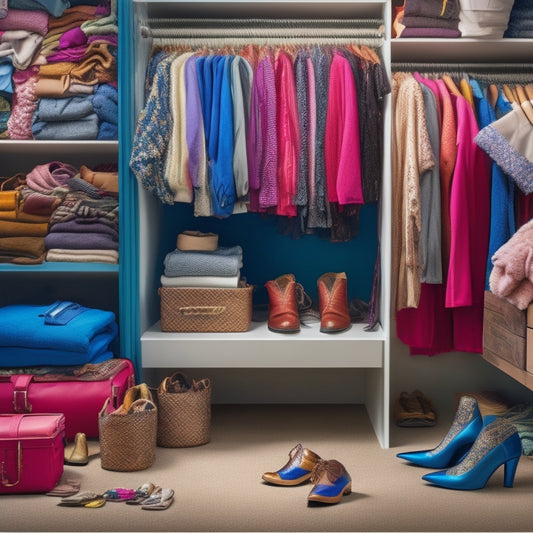 A cluttered closet with tangled clothes, shoes, and accessories scattered on the floor, contrasted with a digitally organized closet on a tablet screen, featuring a color-coded and categorized layout.