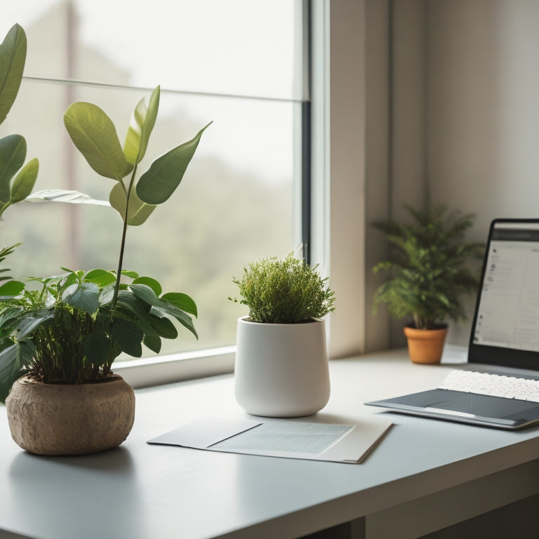A serene, minimalist workspace with a laptop, a single potted plant, and a few, carefully selected, neatly arranged course materials, surrounded by ample negative space and soft, natural light.