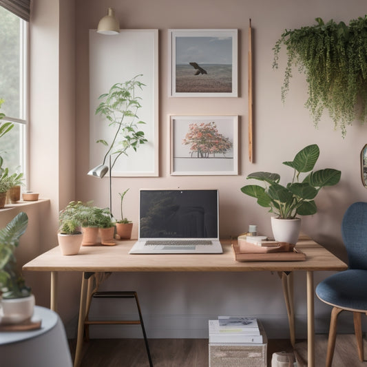 A tidy, well-lit workspace with a wooden desk, a sleek laptop, and a few carefully placed potted plants, surrounded by inspirational quotes and artwork on soft, pastel-colored walls.