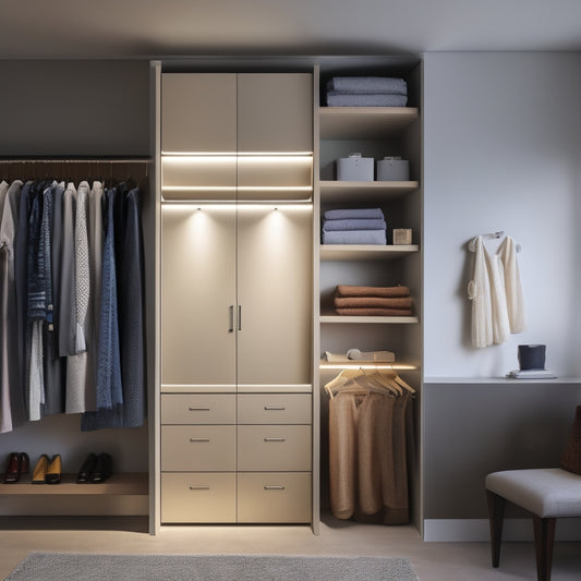 A minimalist, modern closet with a sliding door, illuminated by soft, warm lighting, featuring a digital tablet on a sleek, wall-mounted shelf, surrounded by neatly organized clothing and storage bins.