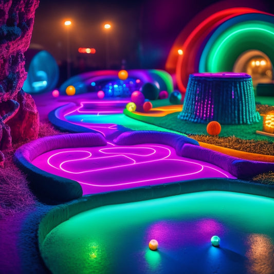 A vibrant, neon-lit mini-golf course with glowing obstacles, winding tunnels, and futuristic decorations, set against a dark background with spotlights highlighting the action.