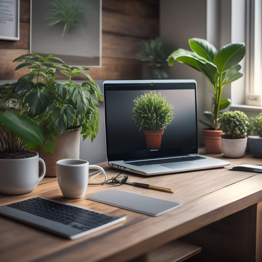 A clean and modern desk with a laptop, a few organized folders, and a small potted plant, surrounded by a blurred-out cluttered background, with a subtle gradient of calming colors.