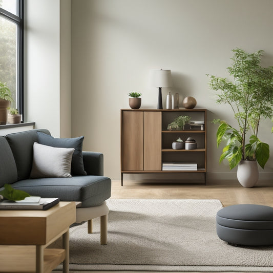 A serene, minimalist living room with a tidy bookshelf, a few decorative vases, and a sleek coffee table, surrounded by a few neatly labeled storage bins and a calming green plant.