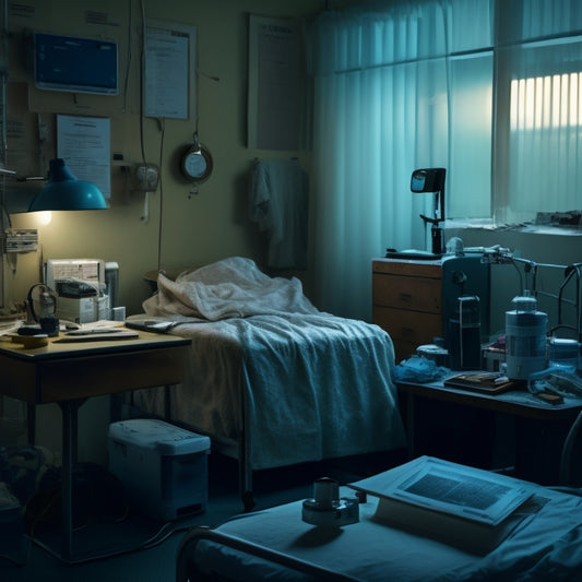 A dimly lit hospital room with a ventilator in the center, surrounded by scattered tools and torn pages of a repair manual, with a faint X-ray of lungs in the background.