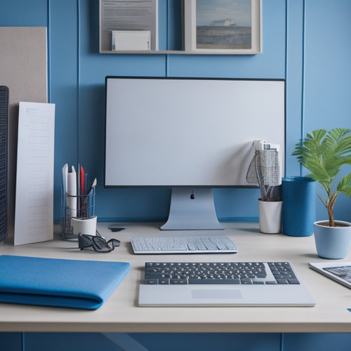 A tidy, modern home office with a laptop open to a course website, surrounded by neatly organized files, colorful pens, and a minimalist desk calendar, set against a calming blue-gray background.