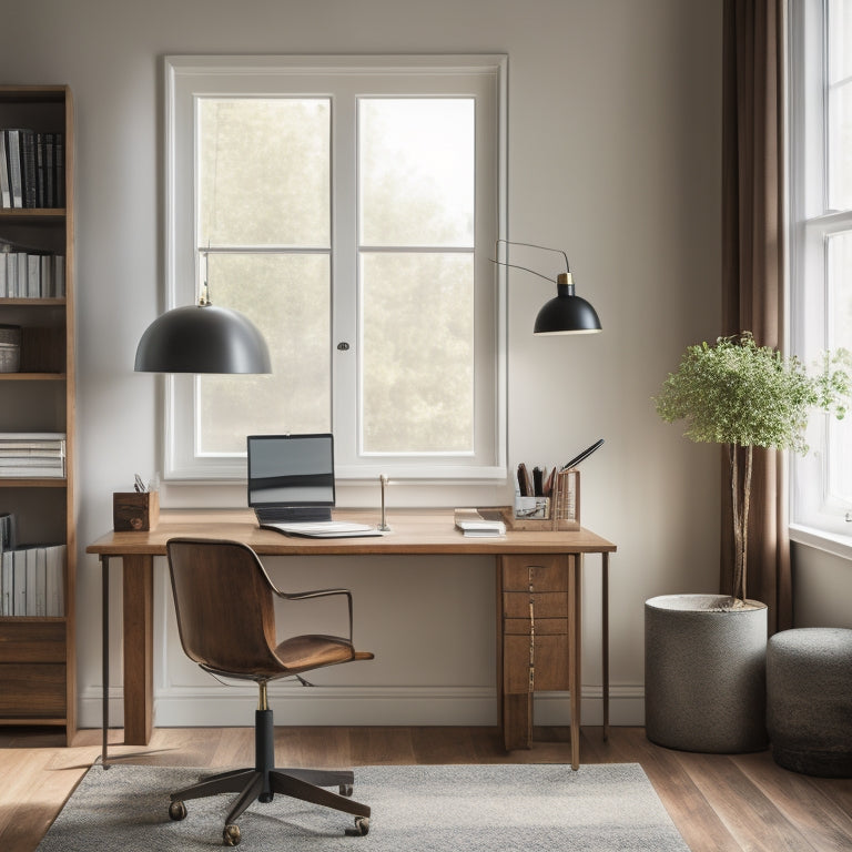 A serene, minimalist home office with a tidy desk, a single laptop, and a few select, leather-bound books, surrounded by plenty of negative space and warm, natural light.