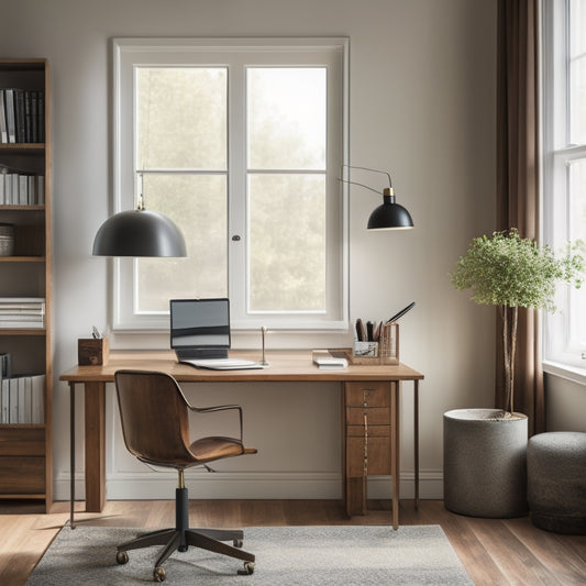 A serene, minimalist home office with a tidy desk, a single laptop, and a few select, leather-bound books, surrounded by plenty of negative space and warm, natural light.