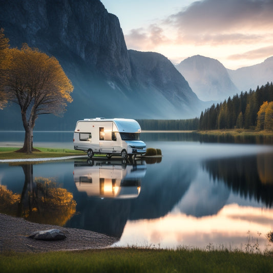 A serene landscape featuring a sleek, silver Dynamax RV parked beside a tranquil lake, surrounded by lush green trees and majestic mountains in the background, with a faint mist rising at dawn.
