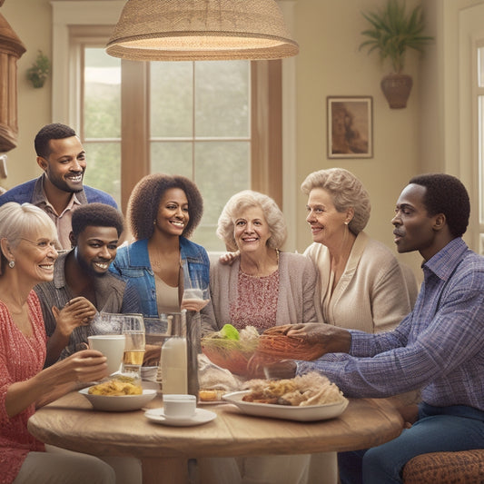 An illustration of a diverse group of people living together in harmony, surrounded by icons of cleanliness, respect, and open communication, set against a warm and inviting background with soft, natural light.