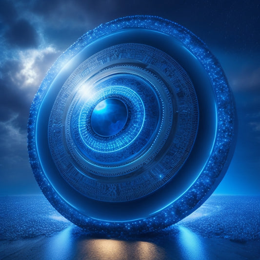 A futuristic, spherical shield with glowing blue circuitry patterns, surrounded by swirling clouds of 1s and 0s, with a subtle, pulsing light emanating from within, symbolizing protection and security.